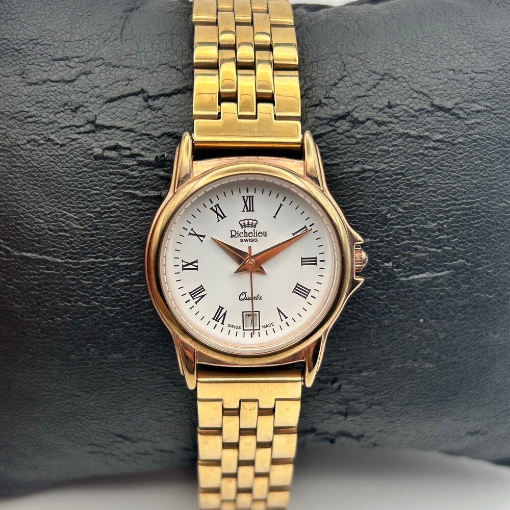 Richelieu Swiss Rose-gold White Dial St. Steel Quartz Watch Working New Battery